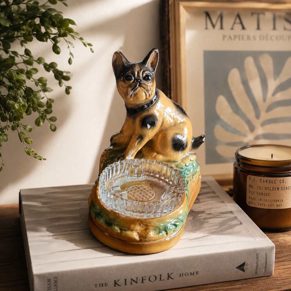 Vintage Chalkware French Bulldog Dog Figurine with Glass Ashtray Mid Century